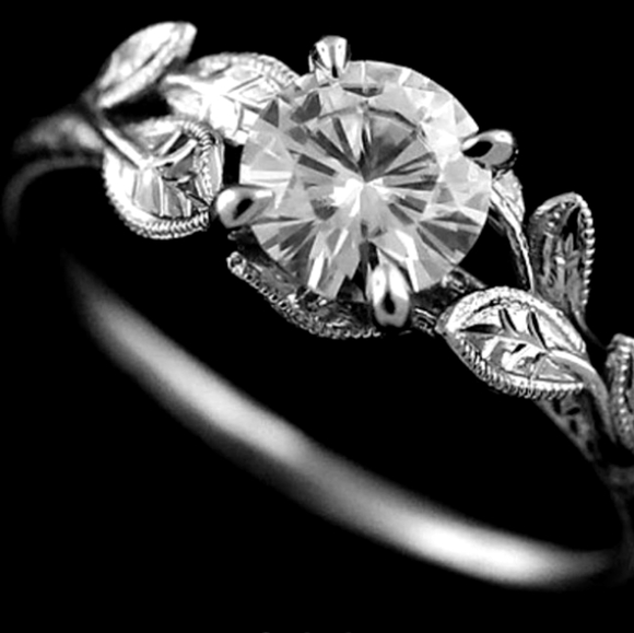 OroSpot / Charles & Covard Jewelry - Moissanite & 14k White Gold Leaf Engagement Ring